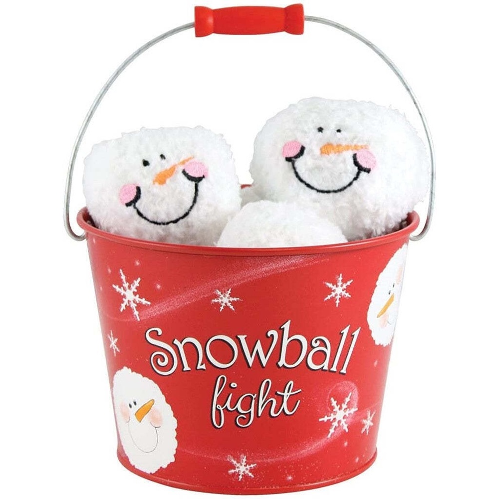 Snowball Fight! 6 Plush Snowmen Balls and a Red Tin Labeled Snowball Fight